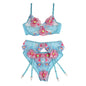SUBBLIME - 954116 BRA + PANTIES WITH GARTER BELT FLORAL DESIGN BLUE L/XL